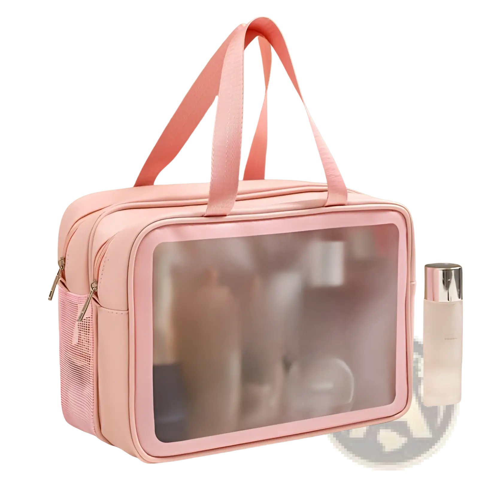 Pink travel makeup bag with transparent front panel mesh side pocket and matching handles for dry wet separation