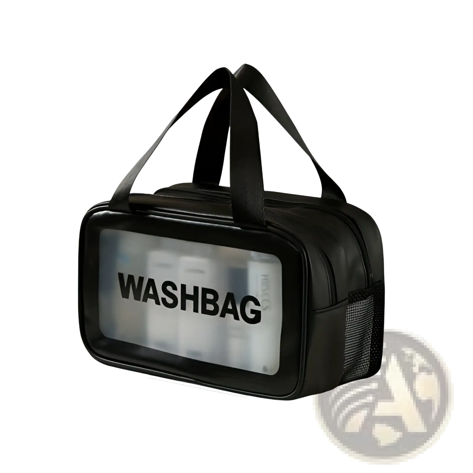 Black travel makeup bag with dry wet separation, transparent front panel, and mesh side pocket organizer