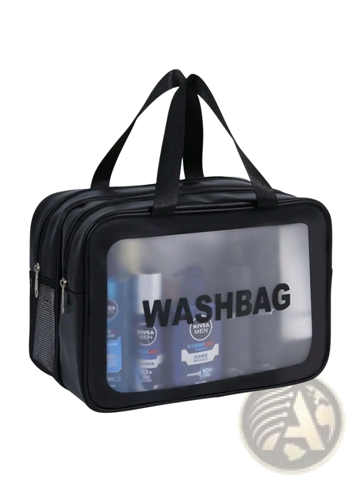 Black transparent washbag with clear front panel and black handles featuring washbag text for travel makeup dry wet separation organizer