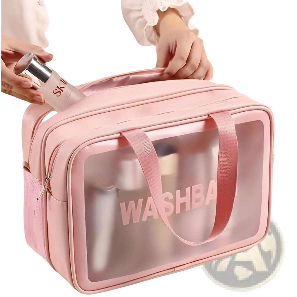 Pink transparent travel makeup bag with dry wet separation and pink fabric handles printed with washba