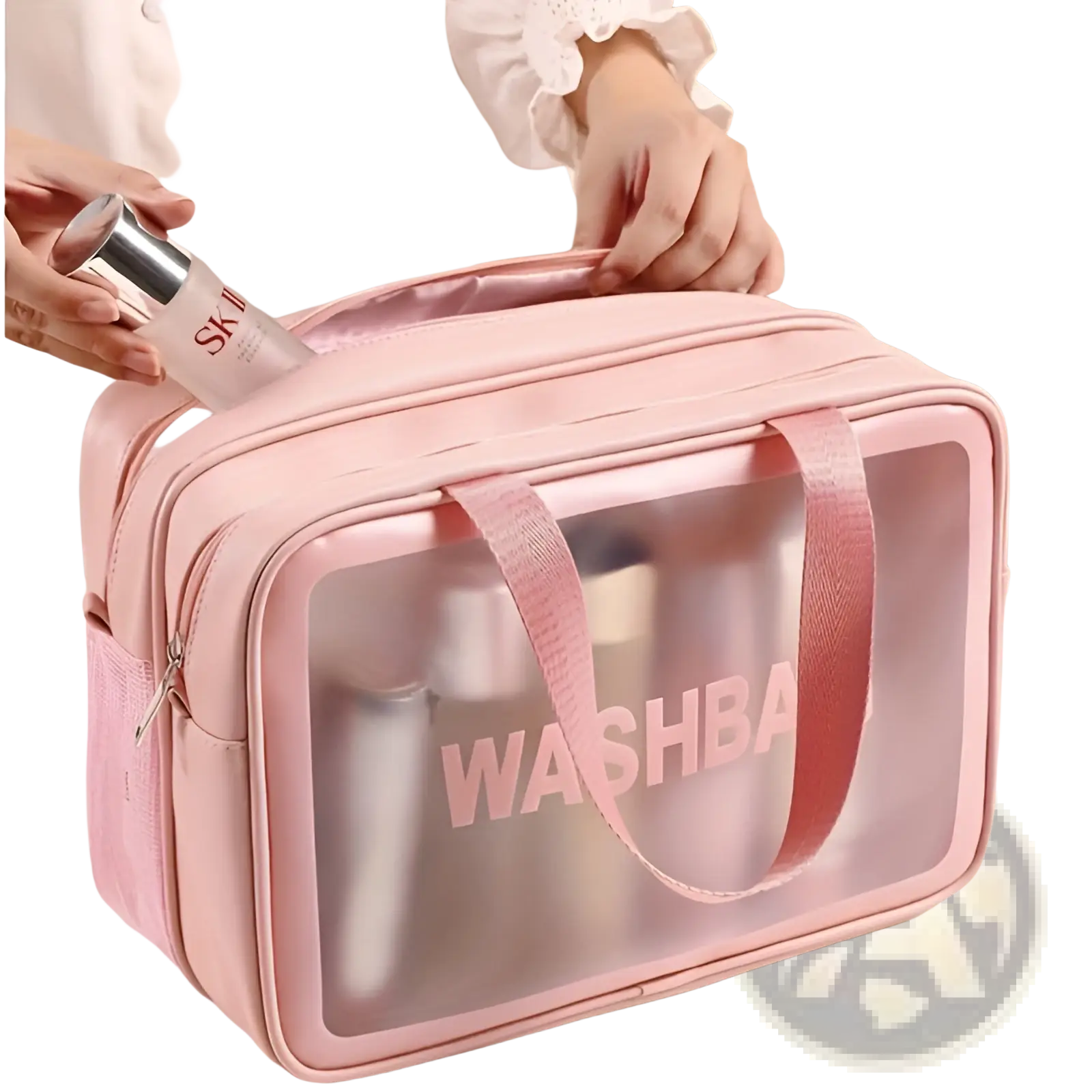 Pink transparent travel makeup bag with dry wet separation and pink fabric handles printed with washba