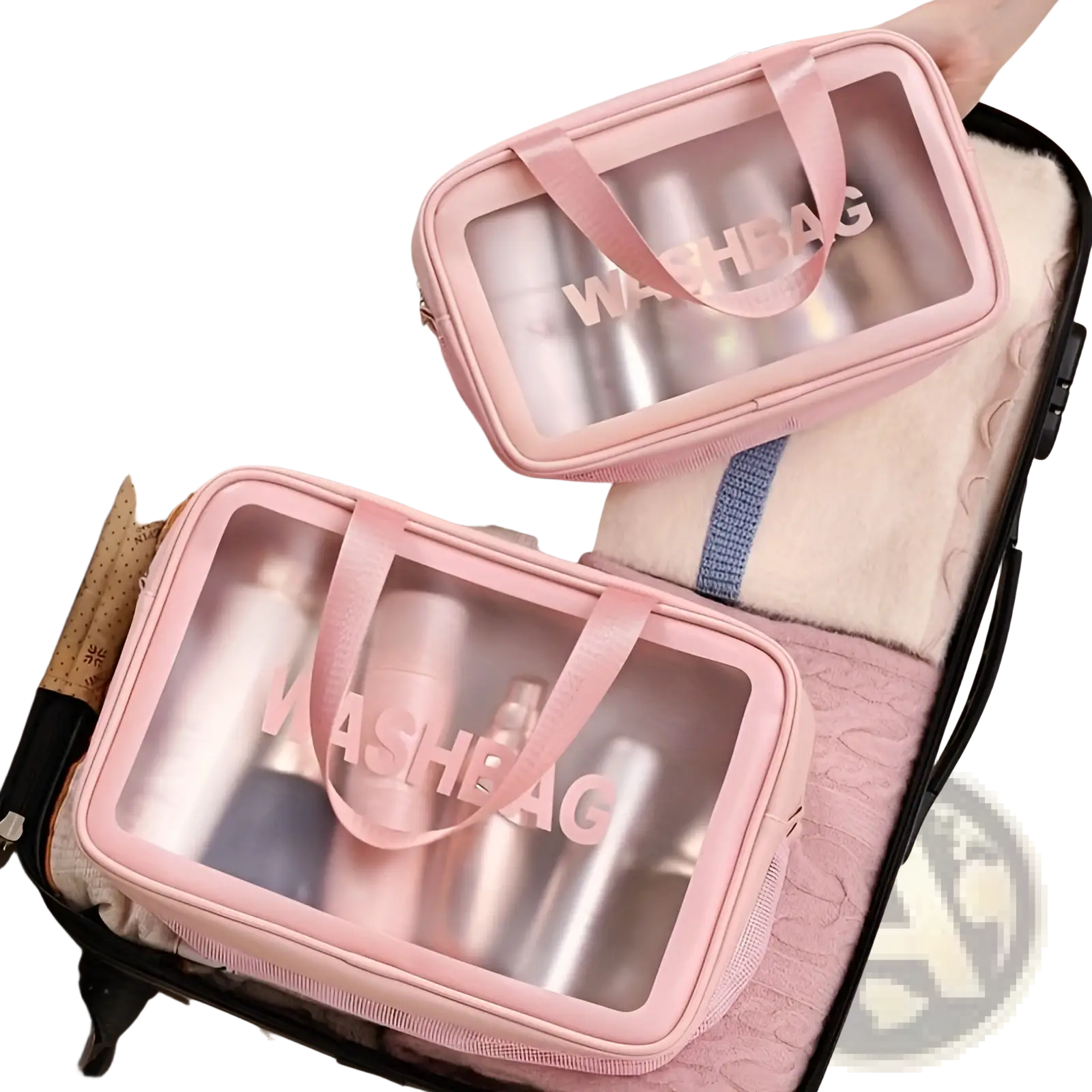 Pink transparent dry wet separation travel makeup bag with pink fabric handles and matching washbag lettering