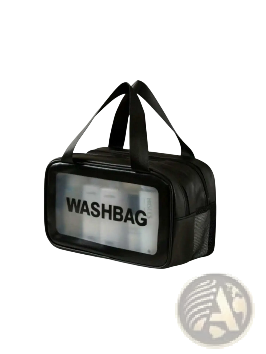 Black travel makeup bag with dry wet separation, transparent front panel, and mesh side pocket organizer