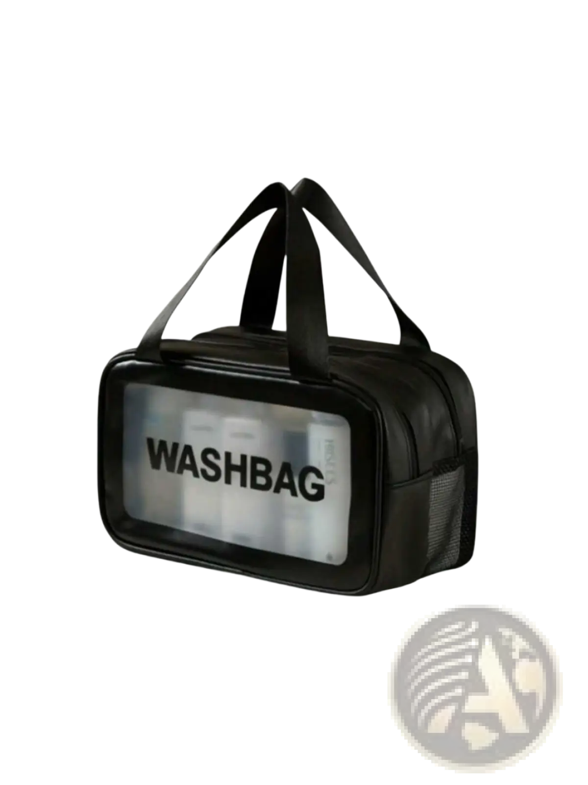 Black travel makeup bag with dry wet separation, transparent front panel, and mesh side pocket organizer