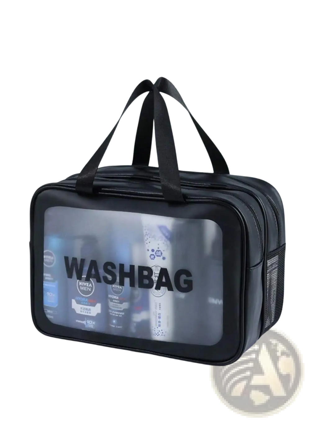 Black transparent travel makeup bag with clear front panel black handles and zippers for dry wet separation organization
