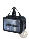Black transparent travel makeup bag with clear front panel black handles and zippers for dry wet separation organization
