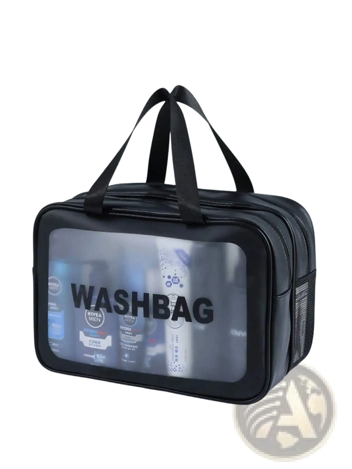 Black transparent travel makeup bag with clear front panel black handles and zippers for dry wet separation organization