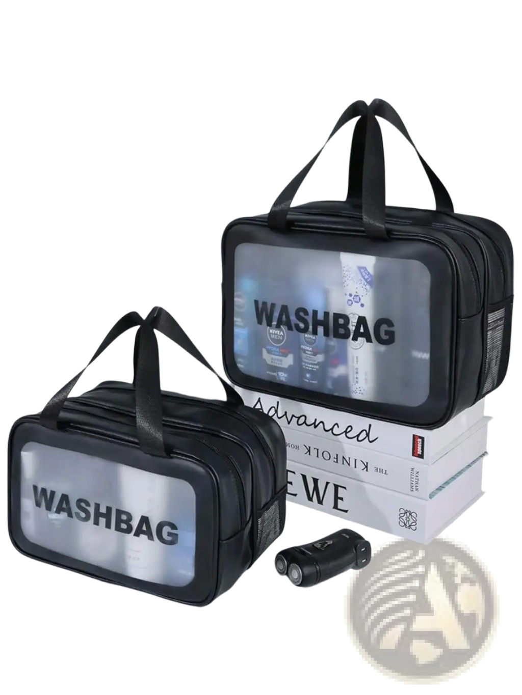 Black travel washbag with transparent front panel and bold black washbag lettering for dry wet separation use
