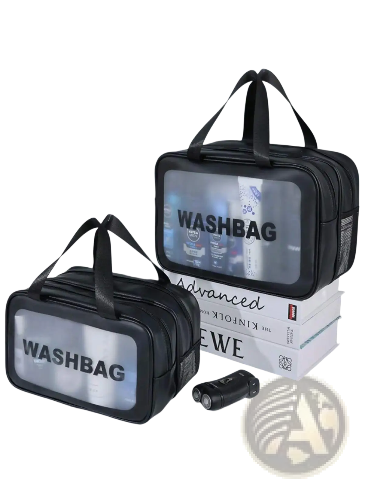Black travel washbag with transparent front panel and bold black washbag lettering for dry wet separation use