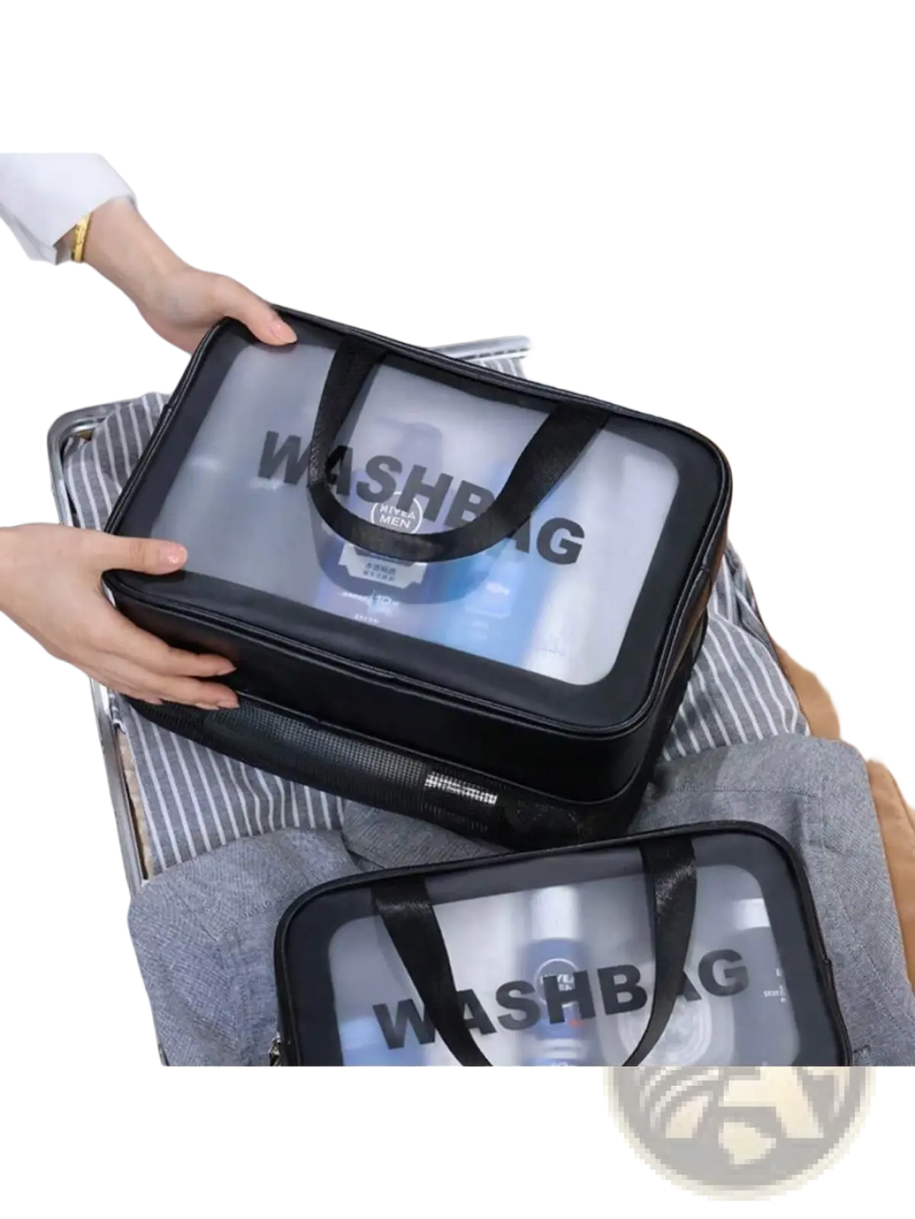 Black transparent travel makeup wash bag with clear front panel and handles for dry wet separation organization