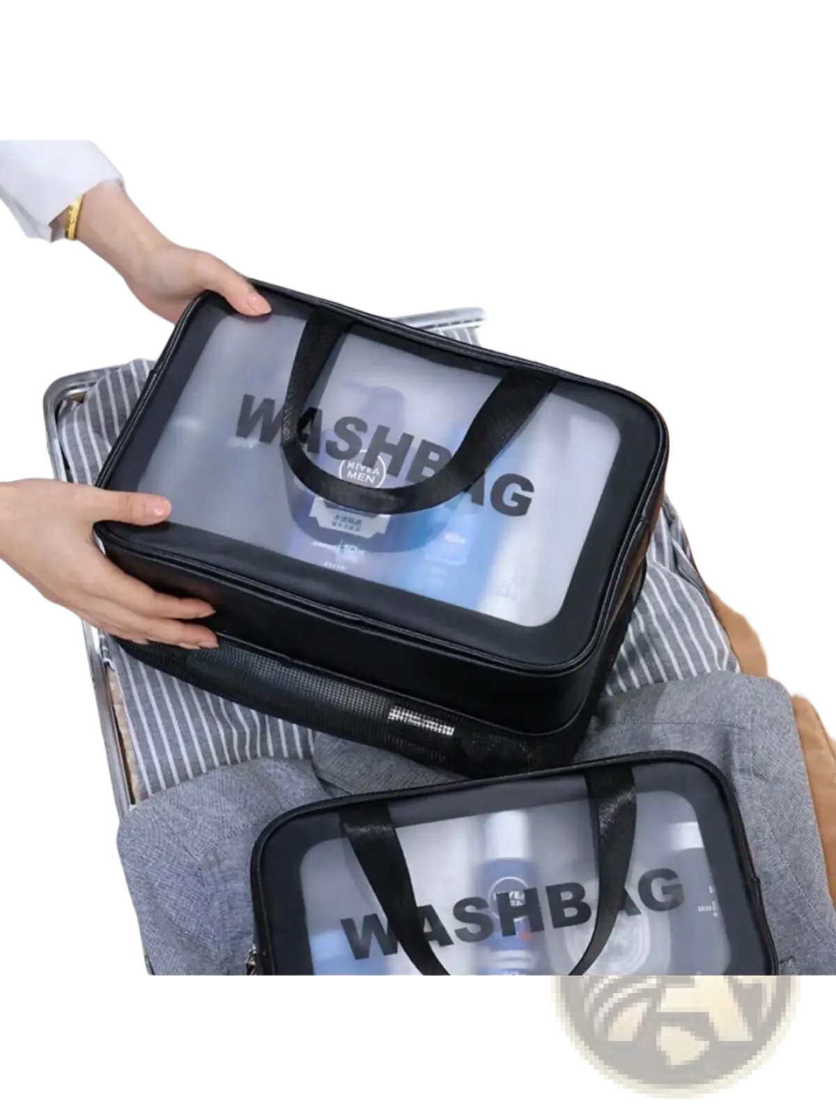 Black transparent travel makeup wash bag with clear front panel and handles for dry wet separation organization