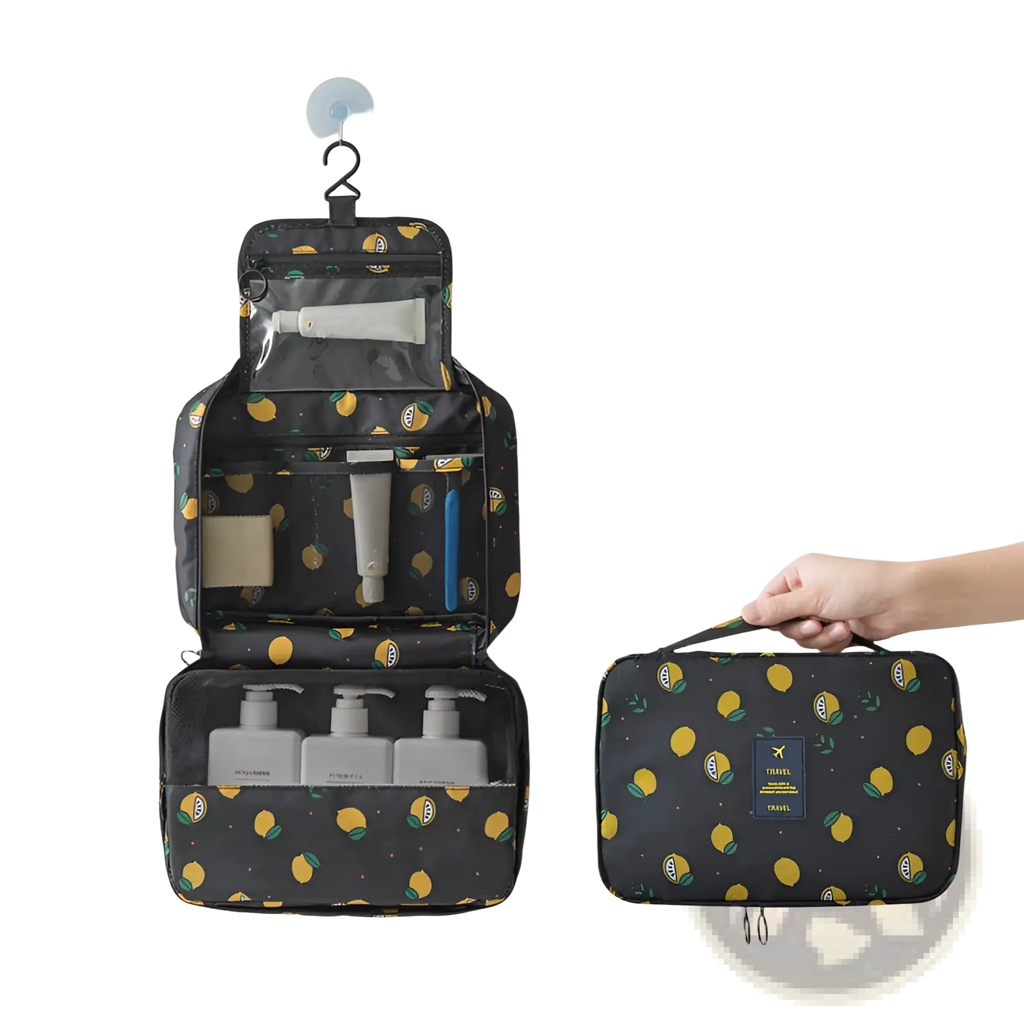Travel makeup bag hanging toiletry organizer in black with yellow lemon pattern featuring compartments and mesh pockets