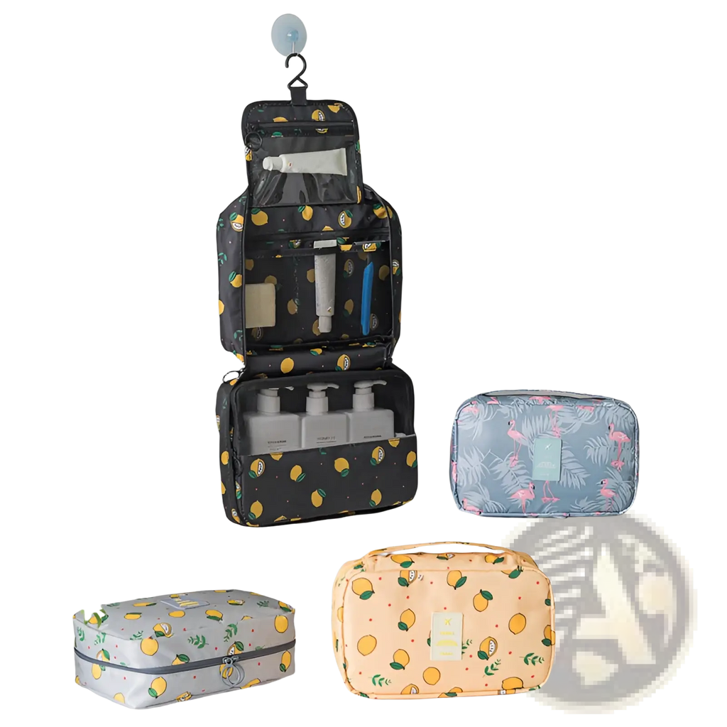 Black travel makeup bag hanging toiletry organizer with lemon pattern and multiple compartments hanging on a hook