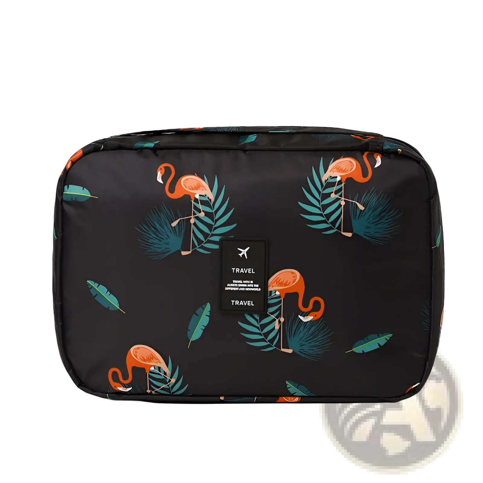 Travel makeup bag hanging toiletry organizer in black with orange flamingos teal palm leaves and small travel label