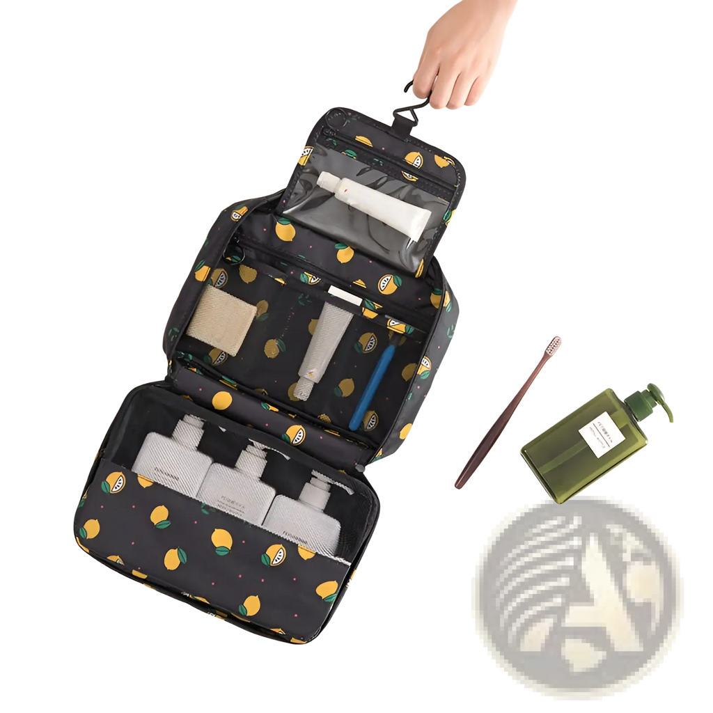 Black travel makeup bag hanging toiletry organizer with cheerful lemon pattern and mesh pockets for organized essentials