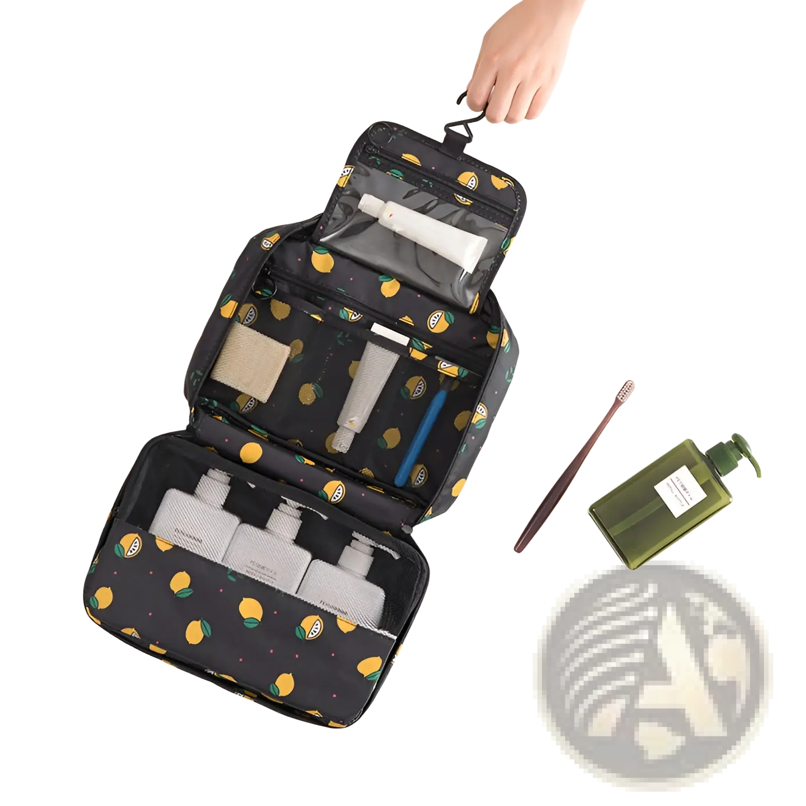 Black travel makeup bag hanging toiletry organizer with cheerful lemon pattern and mesh pockets for organized essentials