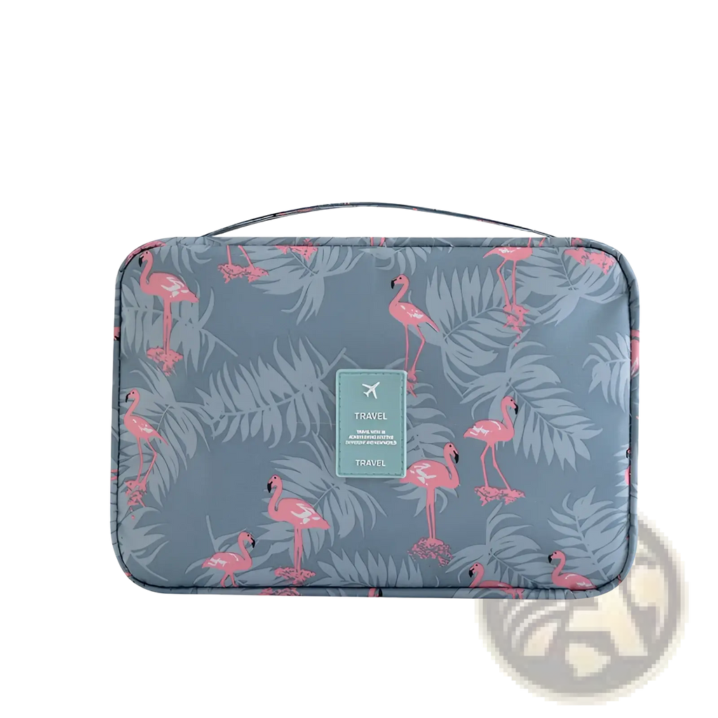 Rectangular gray travel makeup bag with pink flamingo light blue palm leaf pattern and teal travel label front hanging organizer