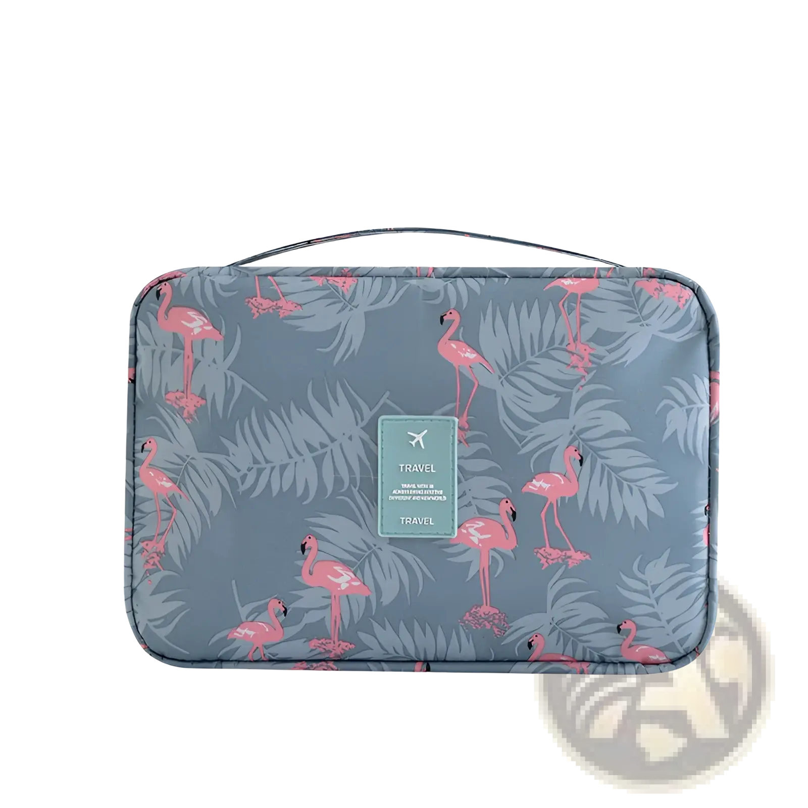 Rectangular gray travel makeup bag with pink flamingo light blue palm leaf pattern and teal travel label front hanging organizer
