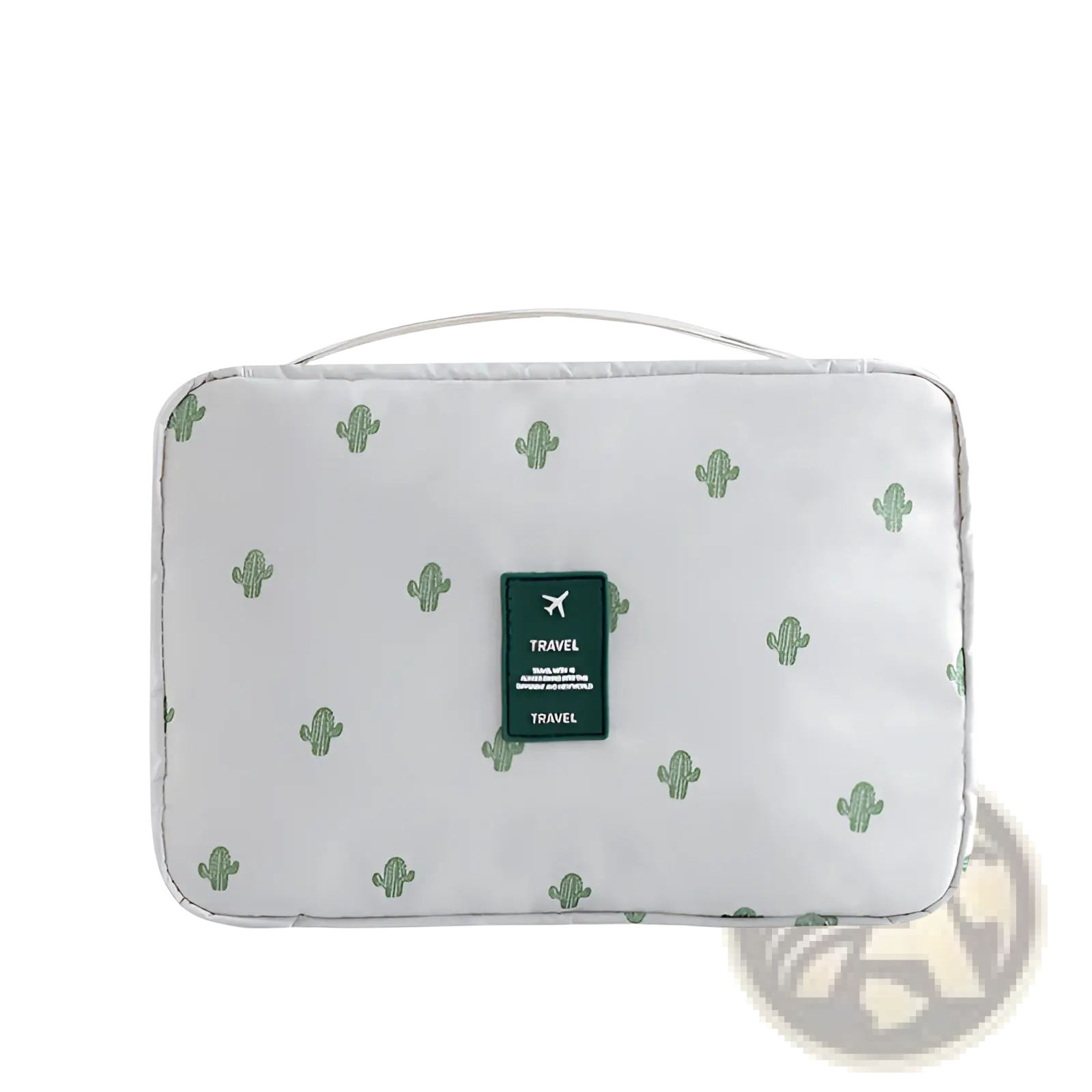 White cactus-patterned travel makeup bag hanging toiletry organizer with green travel label featuring airplane icon