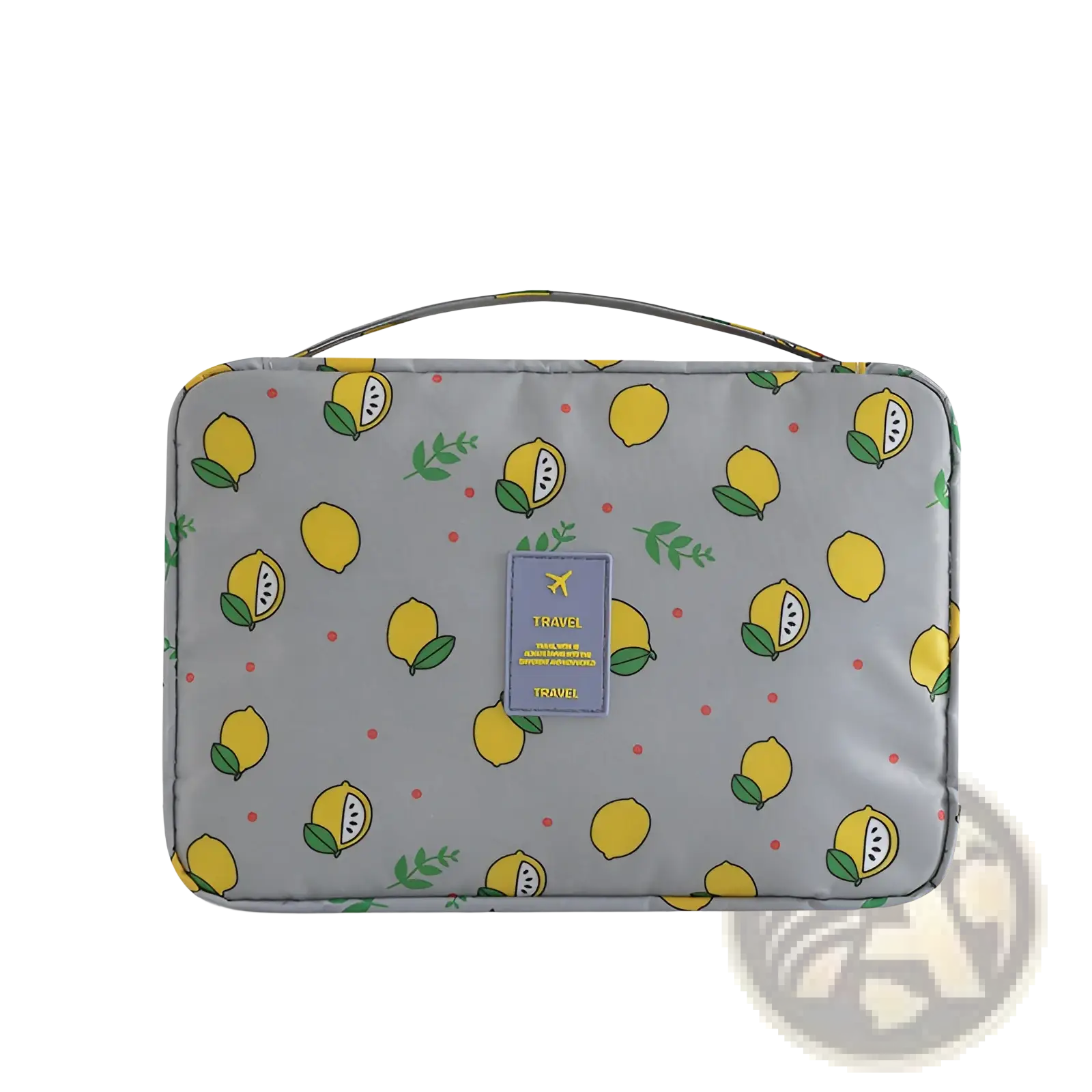 Gray travel makeup bag hanging toiletry organizer with lemon green leaf pattern and red dot accents for easy packing