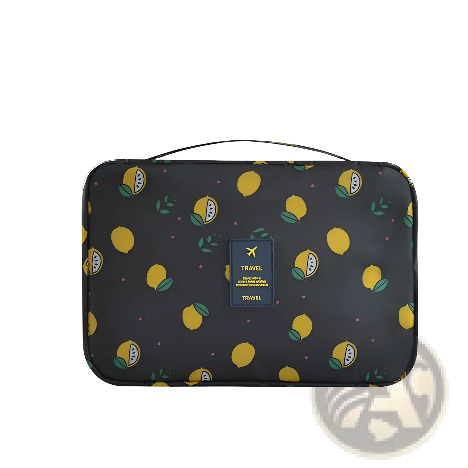 Black travel makeup bag hanging toiletry organizer with playful yellow and green lemon pattern and navy travel label on front