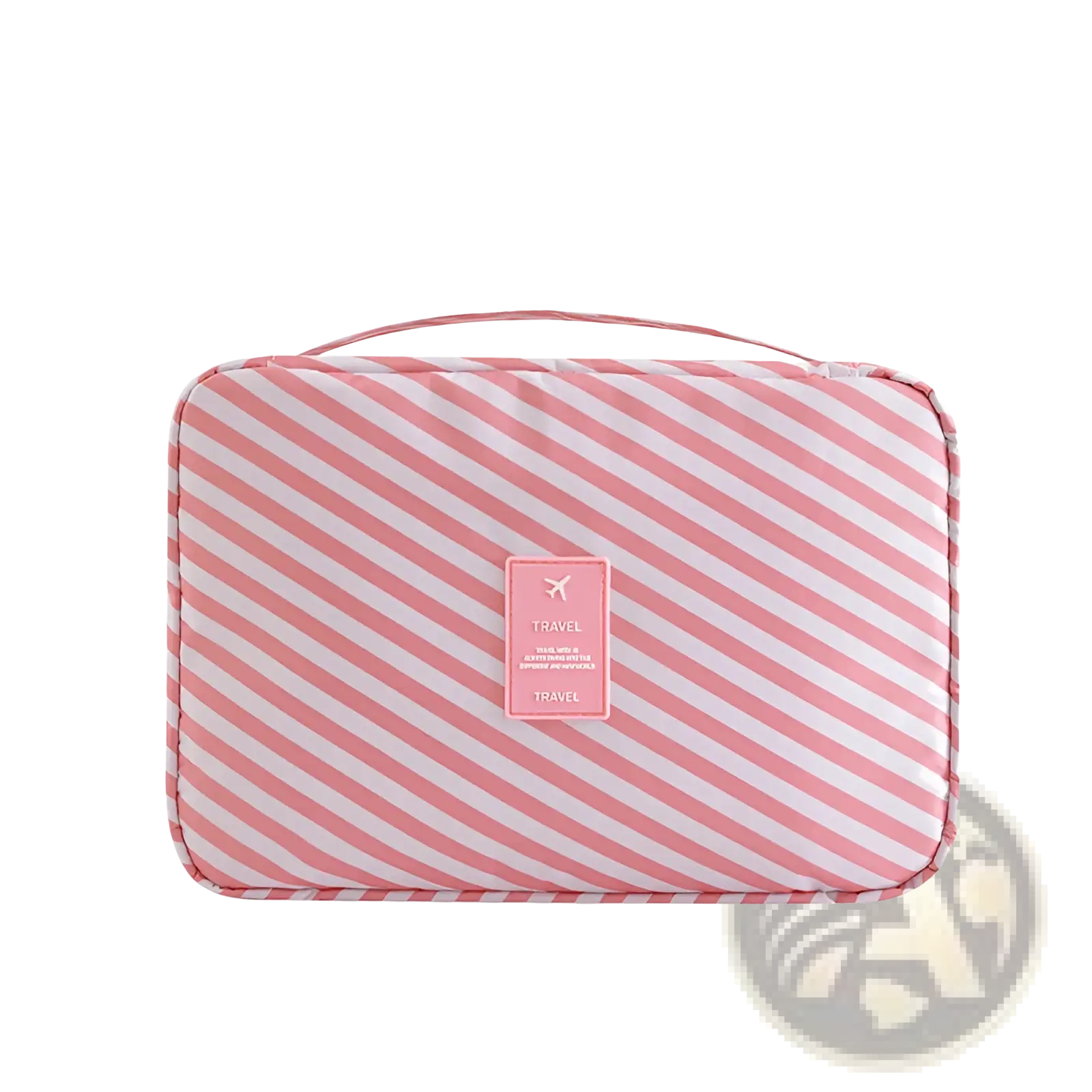 Travel makeup bag hanging toiletry organizer with pink and white diagonal stripes and pink handle featuring airplane icon label