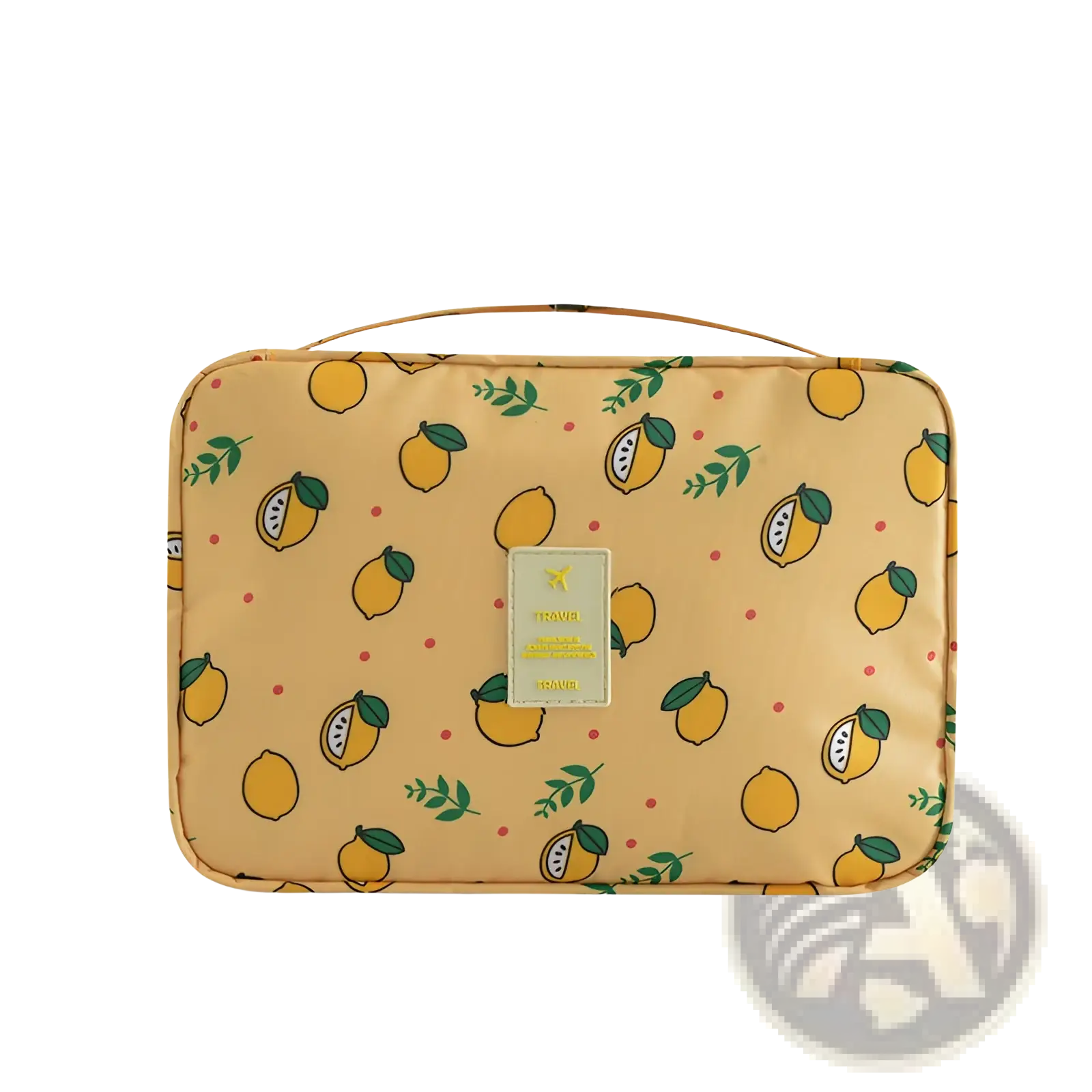 Yellow lemon-themed travel makeup bag hanging toiletry organizer with printed whole and sliced lemons and green leaves