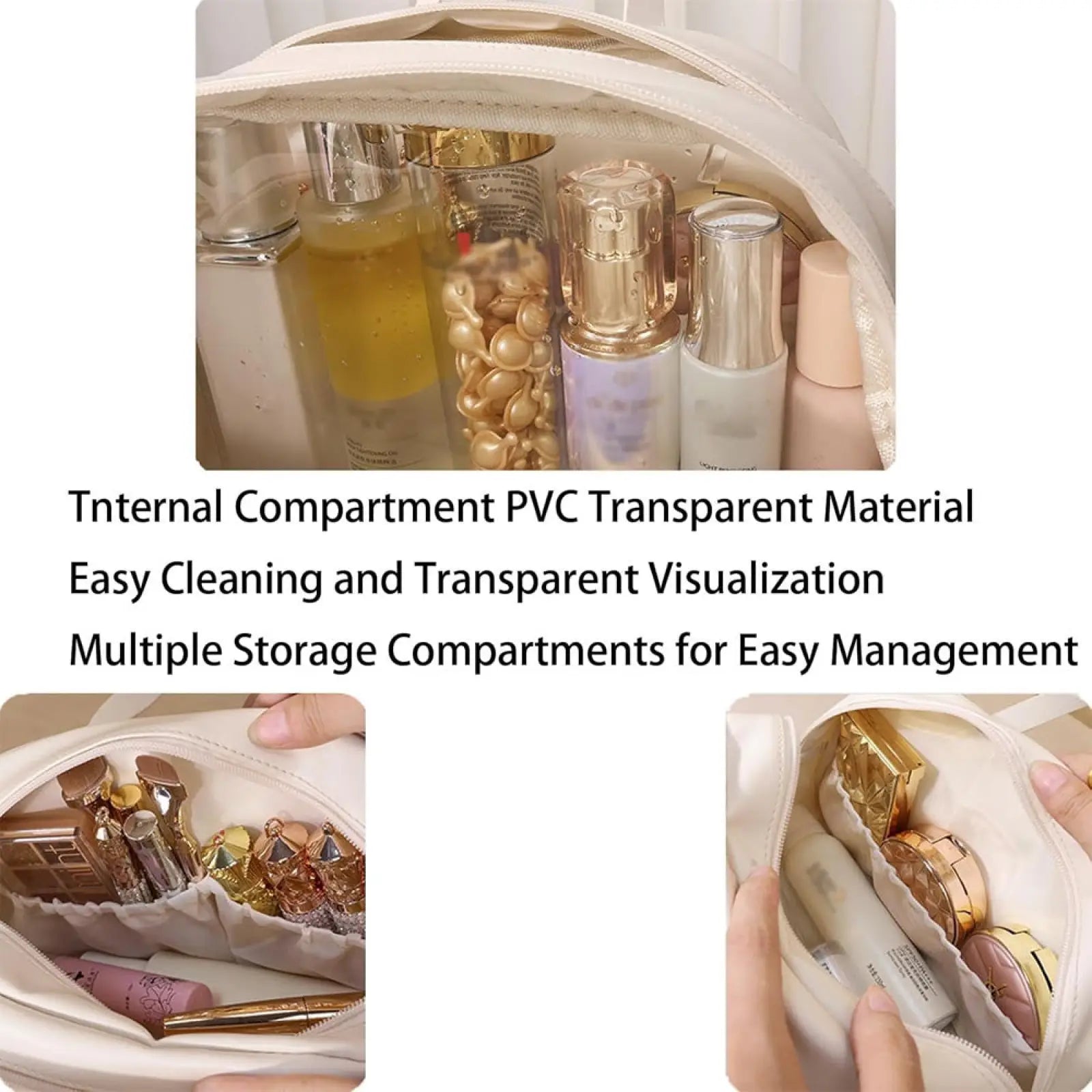 Beige waterproof leather travel makeup bag with transparent pvc compartments for easy cosmetic organization