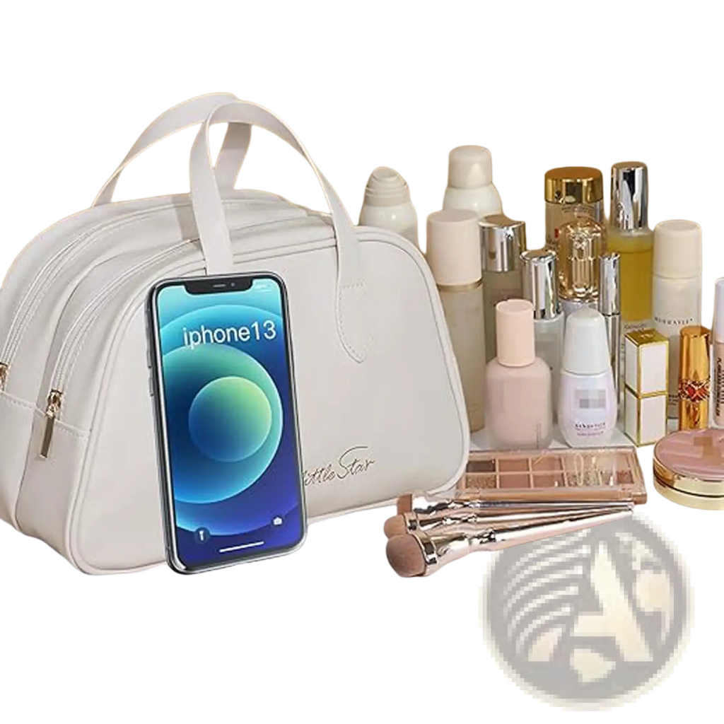Cream-colored leather travel makeup bag with white handles and subtle little star logo for waterproof toiletry use