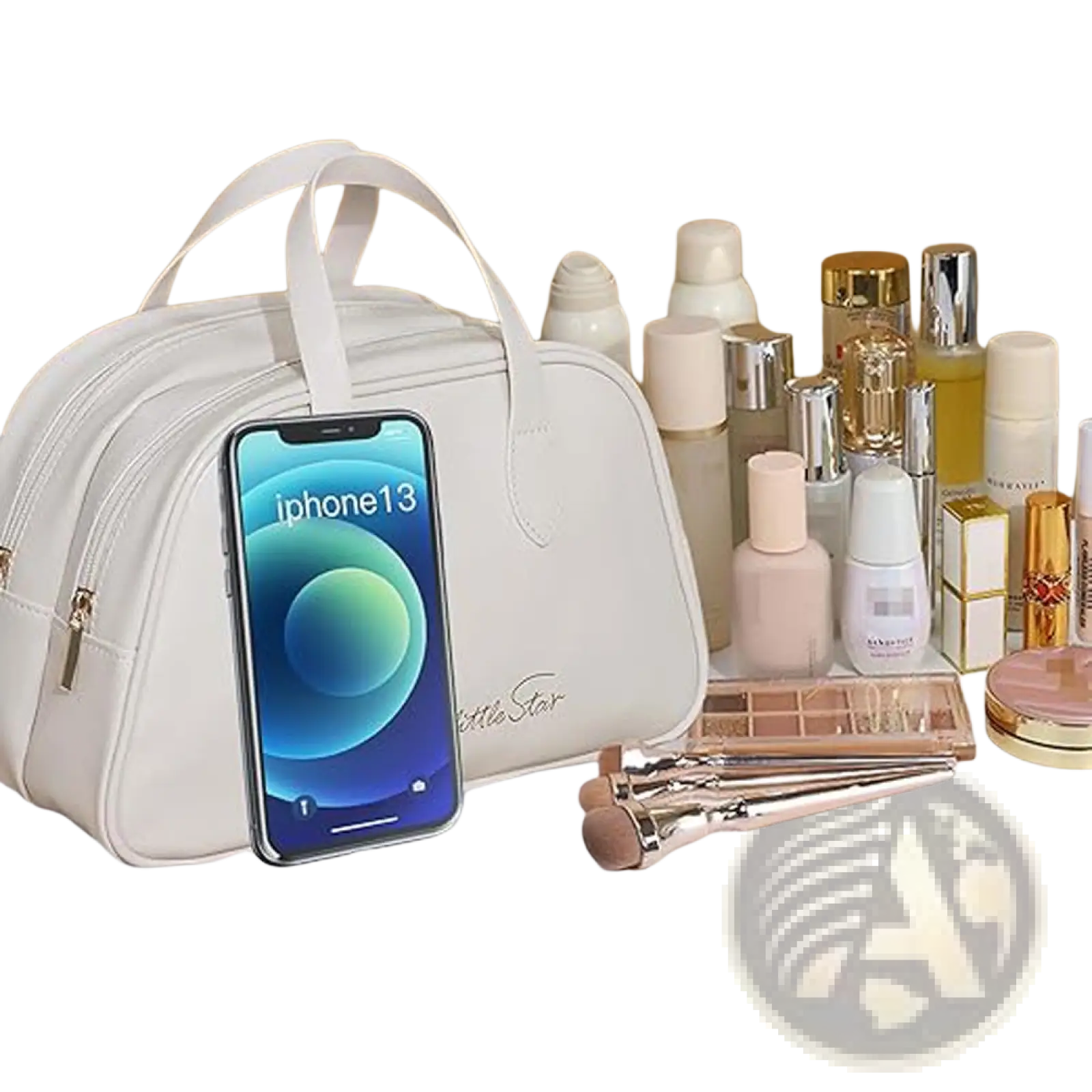 Cream-colored leather travel makeup bag with white handles and subtle little star logo for waterproof toiletry use