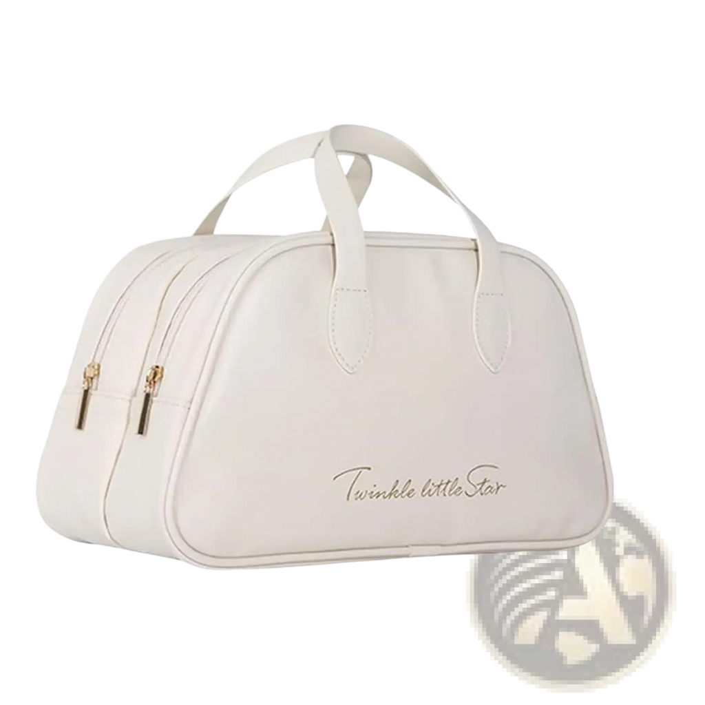 Cream-colored leather toiletry bag with gold-tone zippers and silver twinkle little star embroidery for travel use