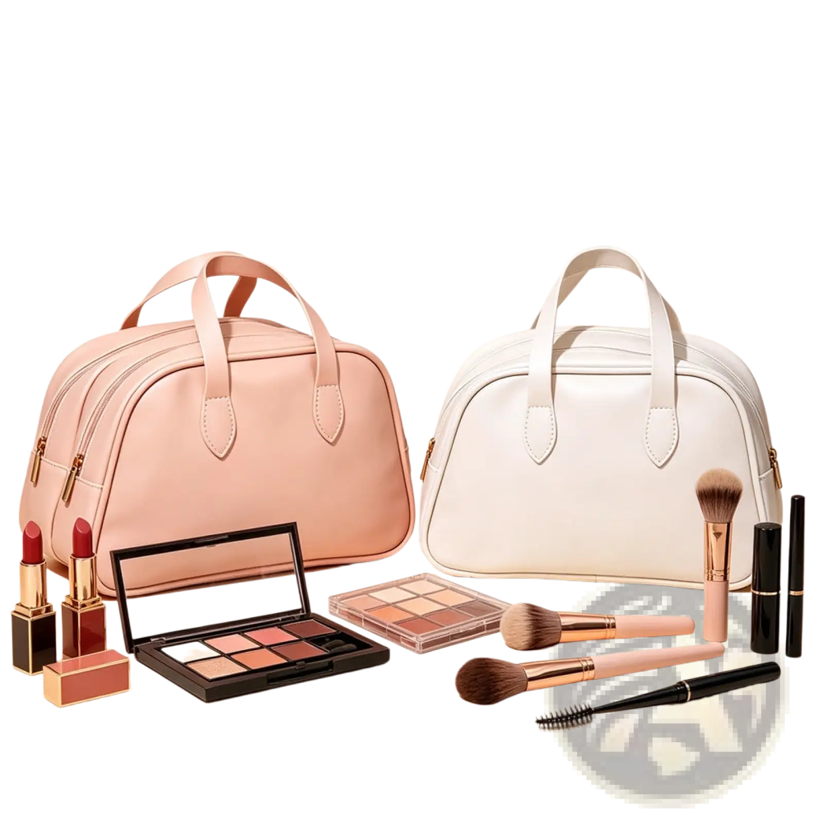 Pink leather waterproof travel makeup bag with gold-tone zippers and handles for toiletry storage