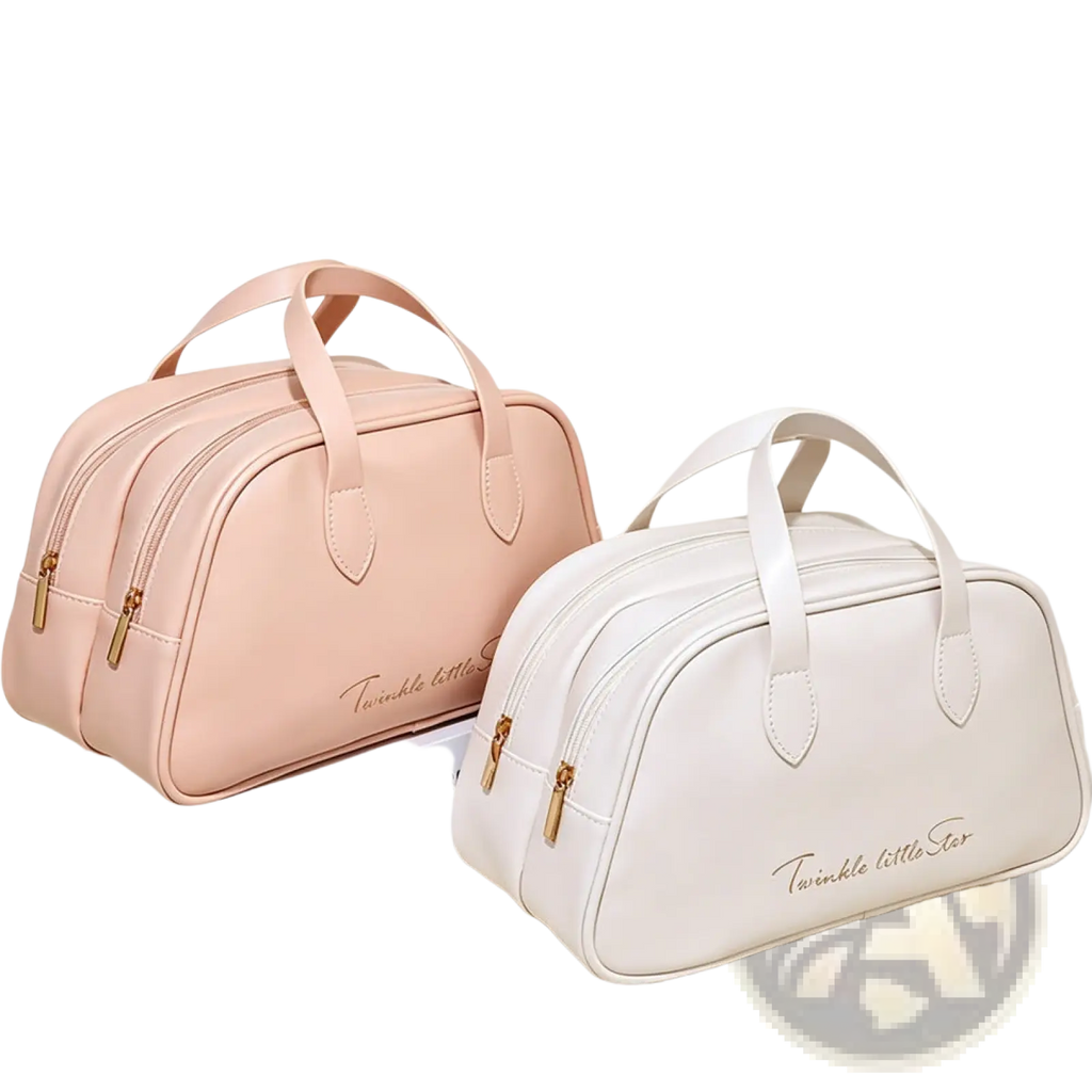 Pink and white twinkle little star travel makeup bag set waterproof leather toiletry bags with gold zippers and handles