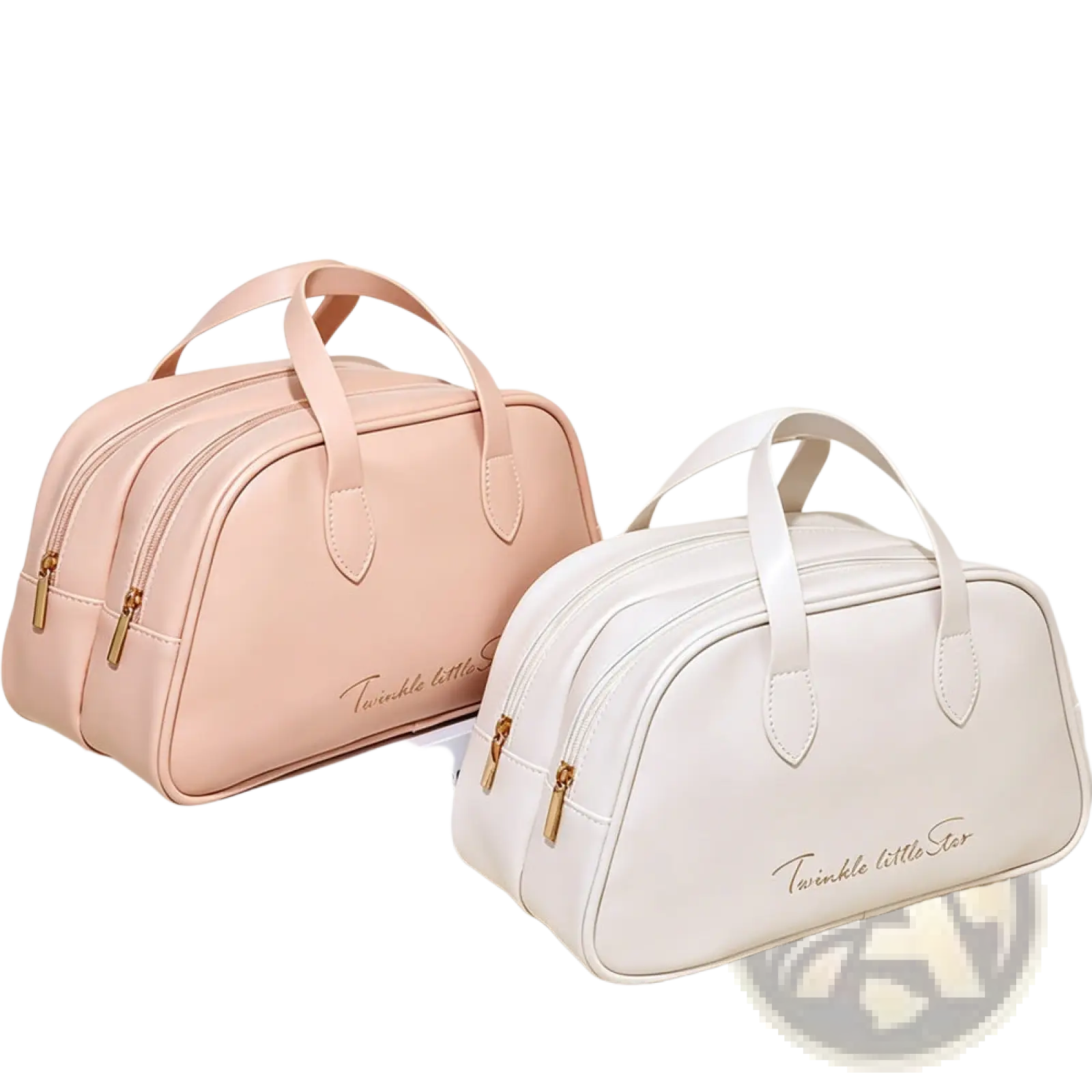 Pink and white twinkle little star travel makeup bag set waterproof leather toiletry bags with gold zippers and handles