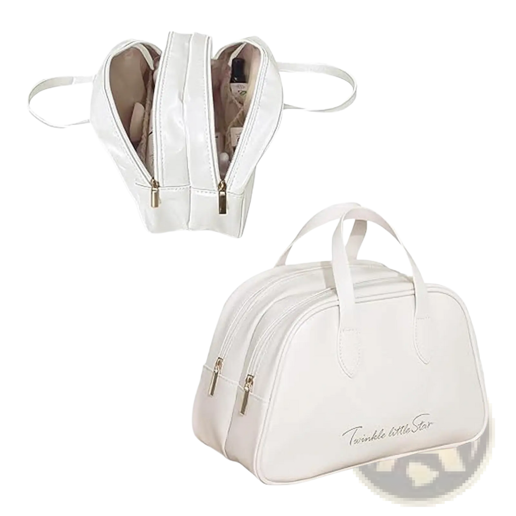 White twinkle little star toiletry bag with glossy finish and gold zippers in waterproof leather travel makeup bag set