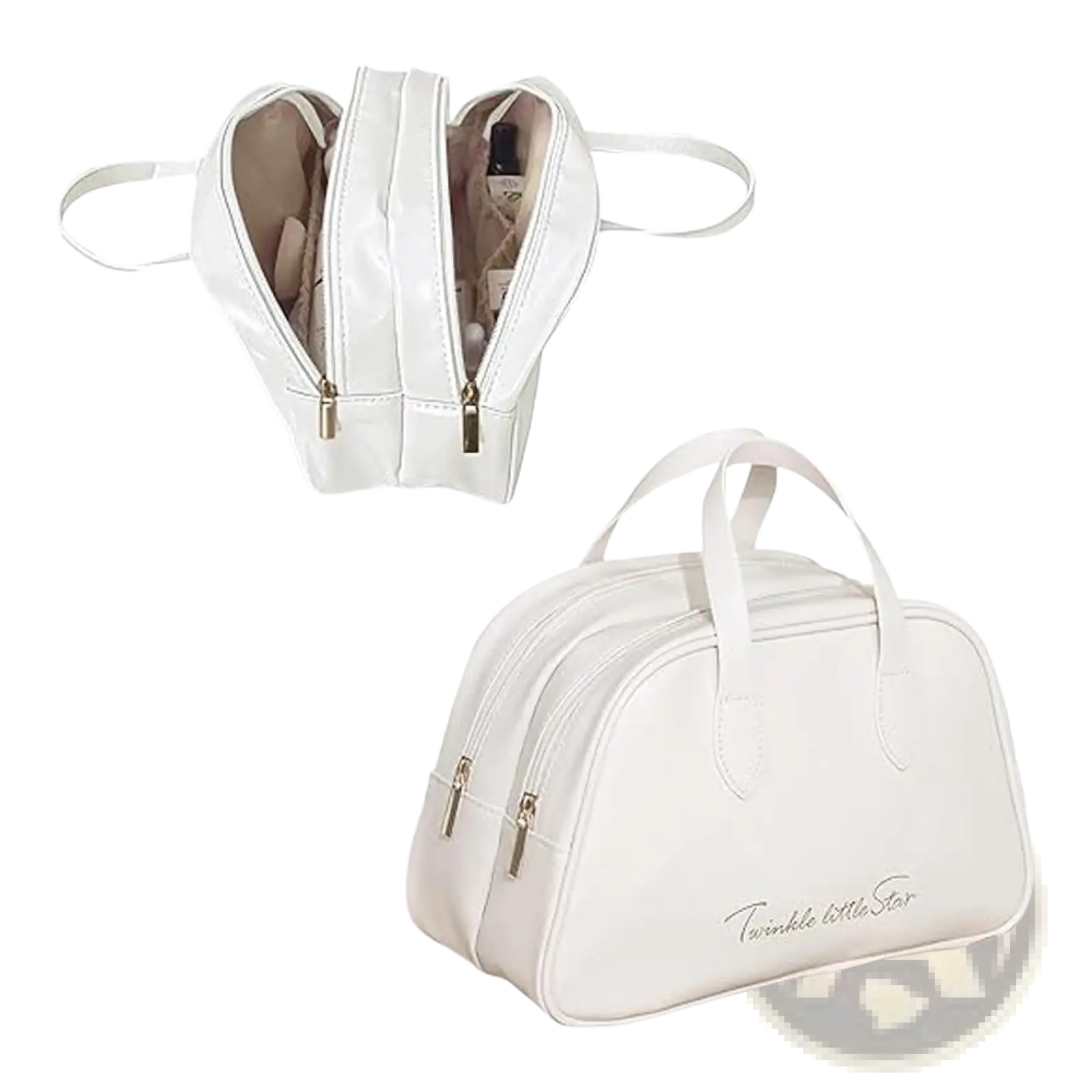 White twinkle little star toiletry bag with glossy finish and gold zippers in waterproof leather travel makeup bag set