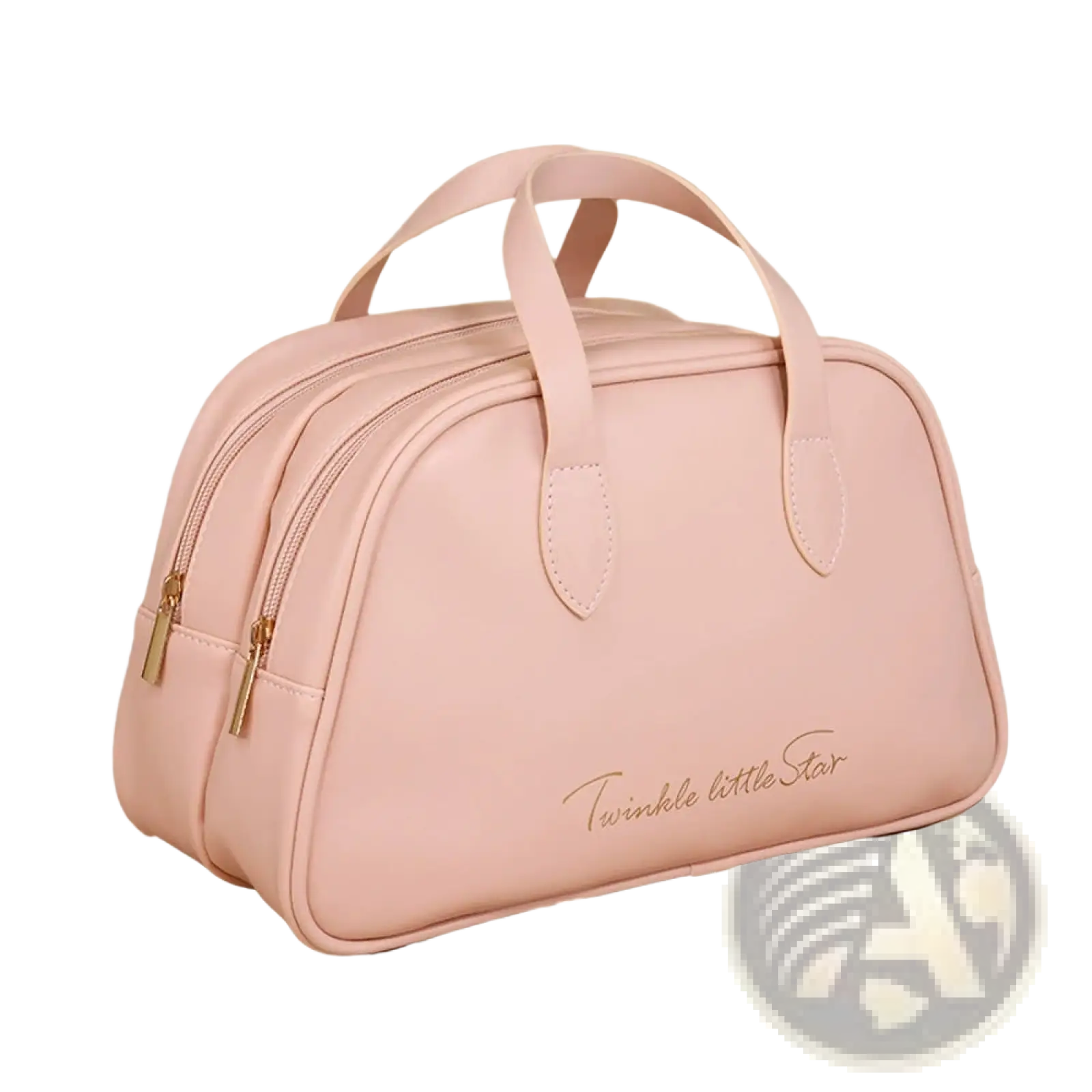 A soft pink waterproof leather travel makeup bag with structured design gold-toned zippers and handles