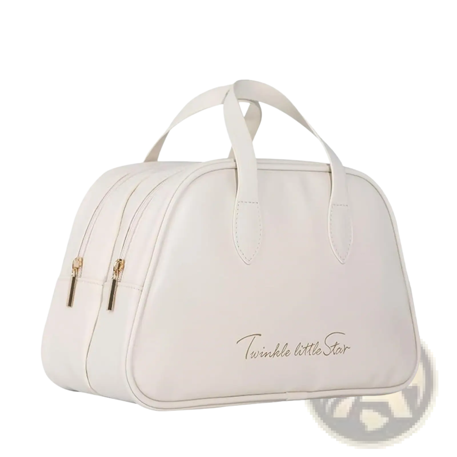 A cream-colored waterproof leather travel makeup bag with gold zippers and twinkle little star embroidery