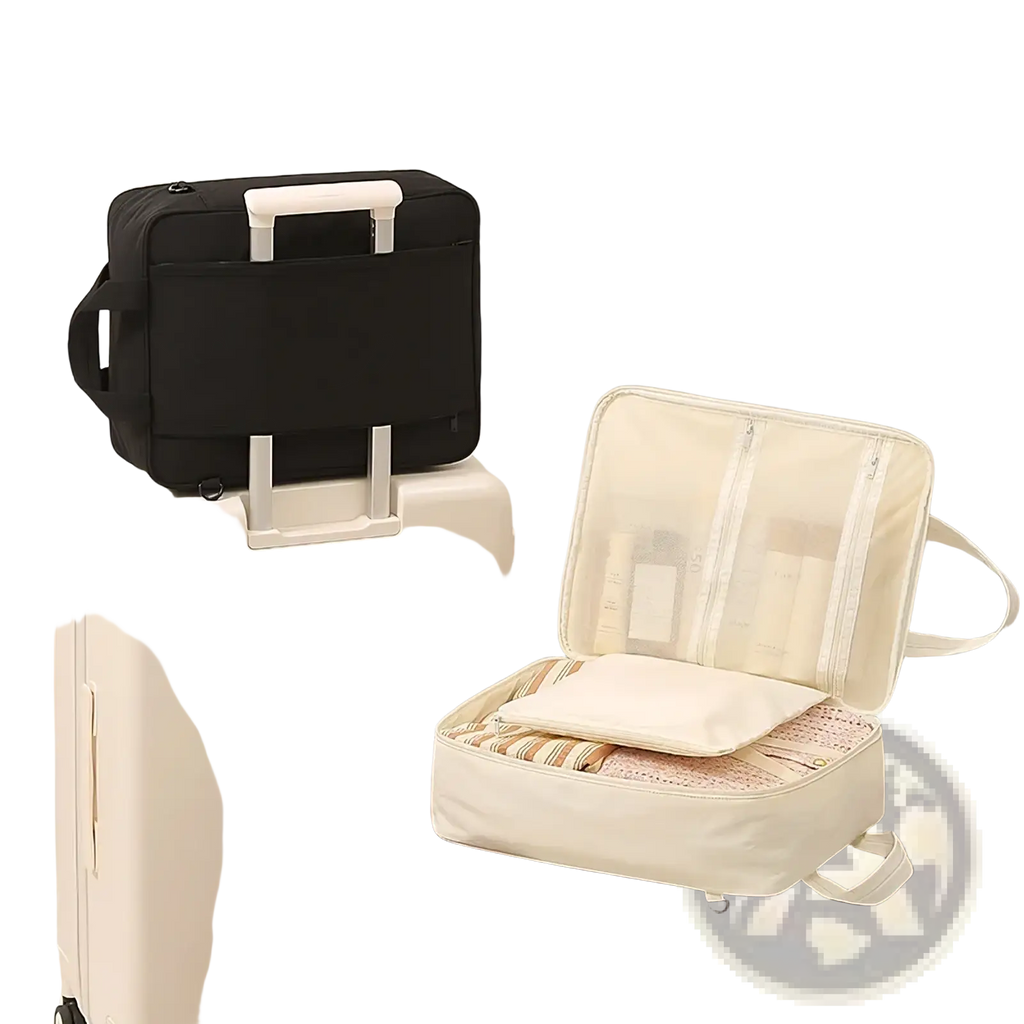 Black fabric travel packing cube large capacity luggage organizer with white handle and zipper pulls for efficient packing