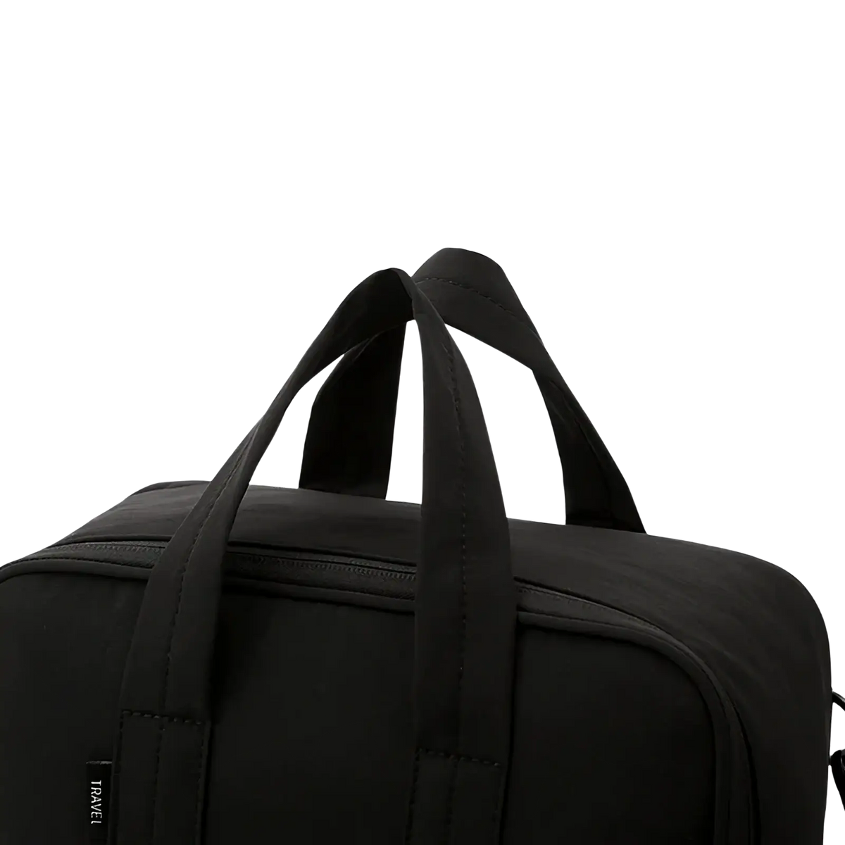 Black fabric duffel bag with sturdy handles and subtle travel tag for large capacity travel packing cube organizer