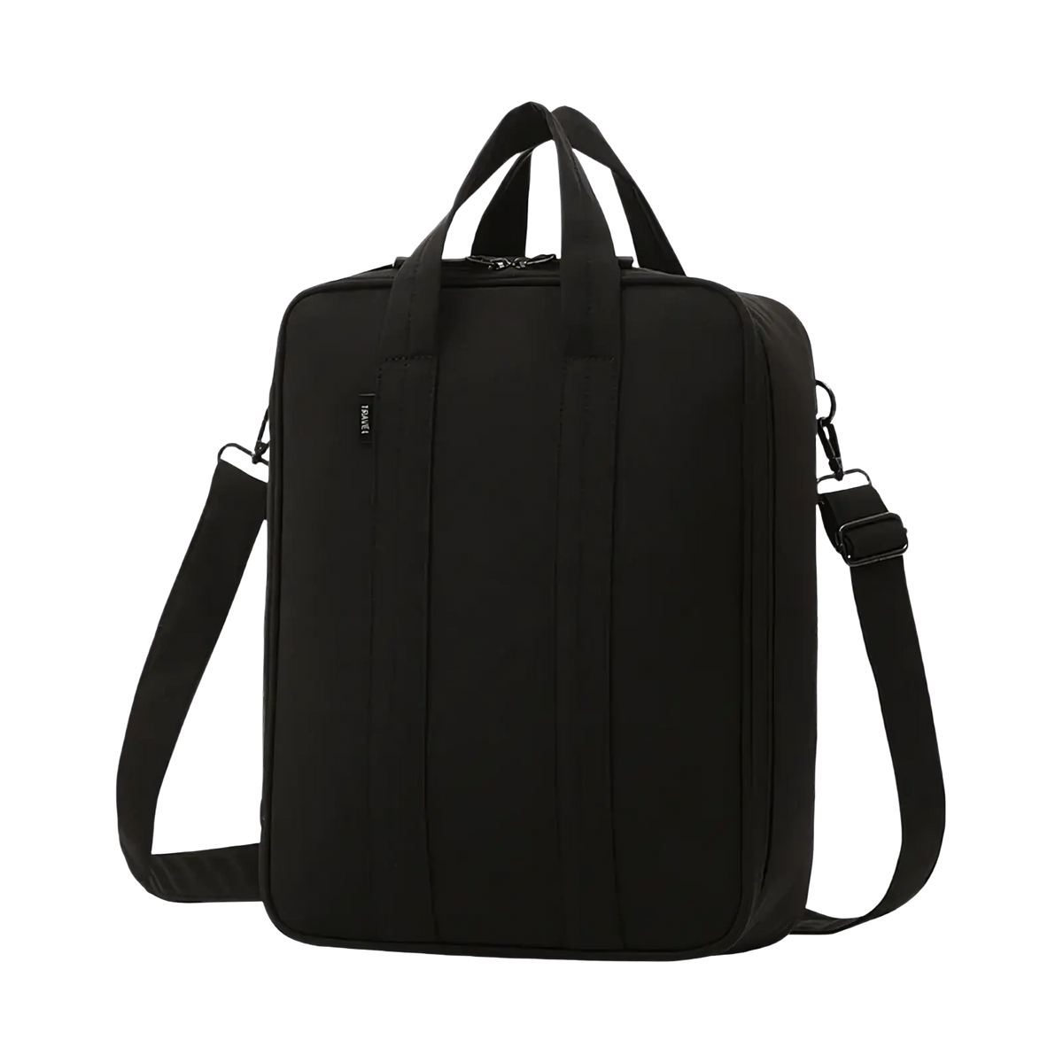 Black laptop bag with sleek minimalist design and sturdy fabric construction for travel packing cube organizer