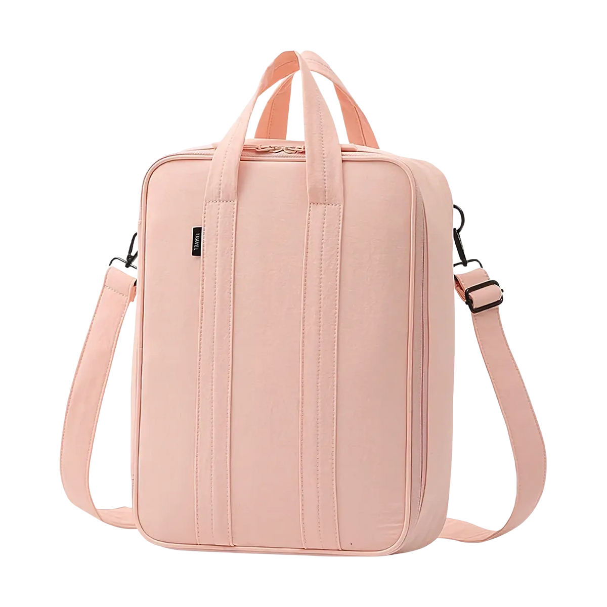A blush pink structured laptop bag with a sleek fabric finish and dual handles for large capacity travel packing