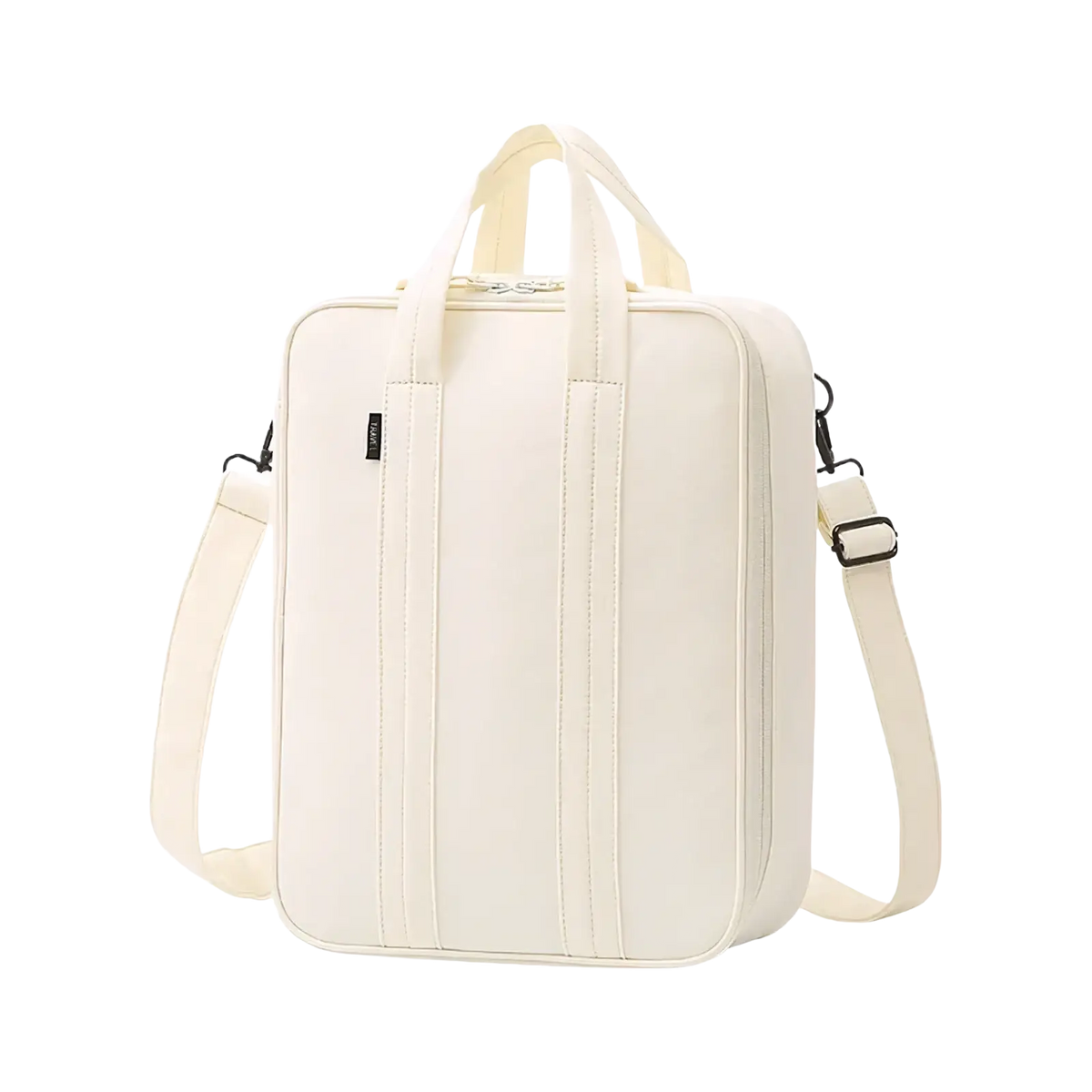 Cream-colored canvas tote bag with structured design and dual handles ideal as a travel packing cube luggage organizer