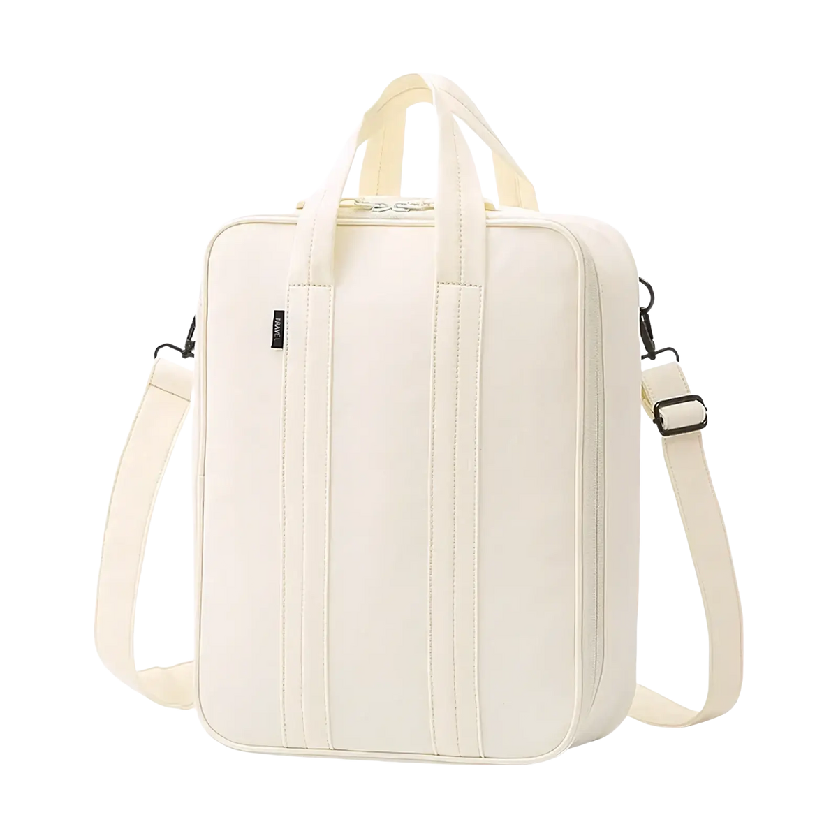 Cream-colored structured laptop bag with vertical stitched panels and detachable shoulder strap for travel packing organization