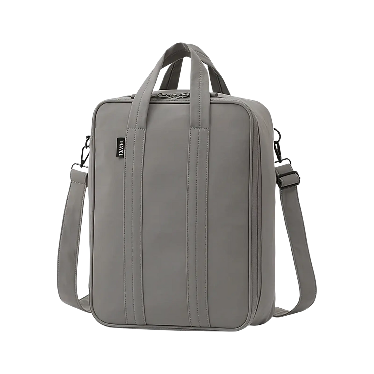 Gray fabric laptop bag with top handle and adjustable shoulder strap designed for large capacity travel packing cube organizer
