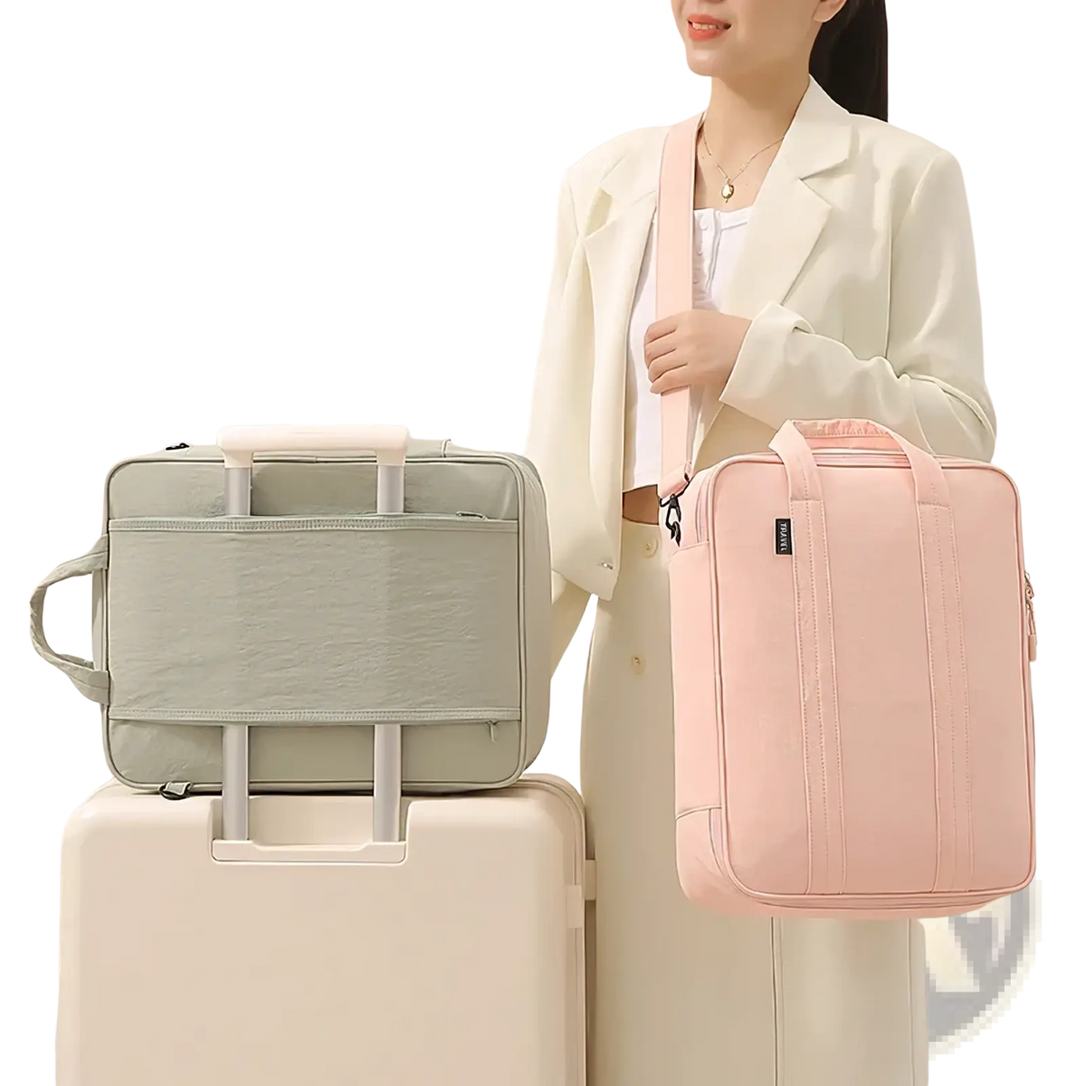 Pink fabric shoulder bag with vertical stitching and black brand tag designed as a travel packing cube luggage organizer
