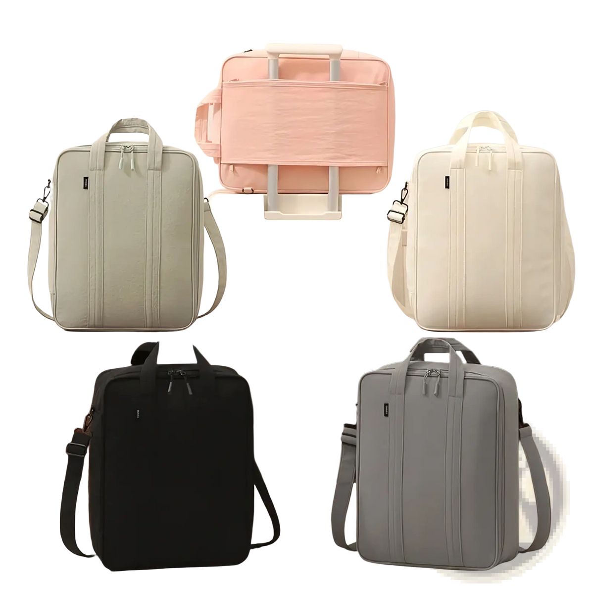 A sleek minimalist pastel pink laptop bag with retractable handle and structured design for organized travel packing