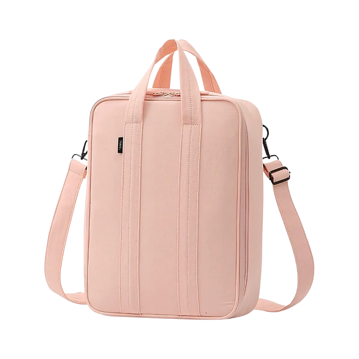 A soft blush pink laptop bag with reinforced stitching designed as a large capacity travel packing cube organizer