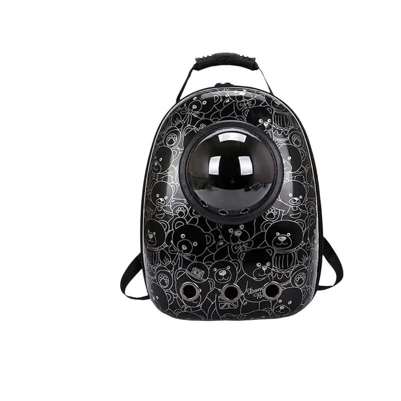 Black bear-themed travel puppy cat backpack with clear dome and adjustable straps for outdoor travel puppy use