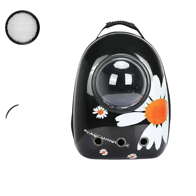 Black travel puppy cat backpack clear dome carrier with white daisy decals for outdoor travel puppy and cat use
